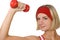 Attractive fitness trainer with a red dumbbell