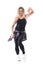 Attractive funky blonde woman dancing jazz dance moving in rhythm and smiling at camera