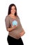 Attractive girl pregnant with a blue piggy-bank