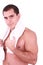 Attractive guy toweling hair and body skin