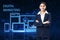 Attractive happy european woman with folded arms standing on blue pixel background with gadgets and business chart hologram.