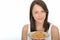 Attractive Happy Natural Young Woman Holding a Plate of Spaghetti Bolognese