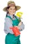 Attractive happy woman dressed gardener