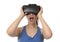 Attractive happy woman excited using 3d goggles watching 360 virtual reality vision enjoying
