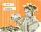 Attractive housewife with sweet cake in her hand.Retro poster on