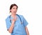 Attractive lady nurse in blue looking surprised