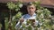 Attractive man measures proportions of flowers using the calipers