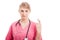 Attractive medical female nurse making fingers crossed gesture