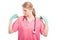 Attractive medical nurse arranging her pink scrubs