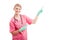 Attractive medical nurse lady pointing copyspace