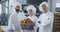 Attractive men bakers and mature woman baker with a vintage basket with organic bread looking straight to the camera and