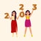 Attractive Modern Young Girls Holding Numbers Of 3D 2023 On Cosmic Latte Background For New Year