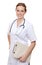 Attractive nurse holding clinical record