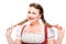 attractive oktoberfest waitress in traditional german dress showing pigtails