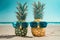 attractive pineapples on the sand, sea,beach, sunglasses.summer vacation
