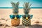 attractive pineapples on the sand, sea,beach, sunglasses.summer vacation