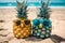 attractive pineapples on the sand, sea,beach, sunglasses.summer vacation