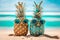 attractive pineapples on the sand, sea,beach, sunglasses.summer vacation