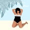 Attractive plus size girl in swimsuit on beach. Body positive concept. vector illustration