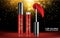 Attractive red lip gloss ads, sticky and glossy liquid texture with transparent glass container in vector design