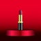 Attractive red lipstick product on round premium podium. Isolated on red background. Makeup container mockup