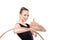 Attractive rhythmic gymnast in bodysuit with hoop showing thumb up
