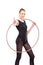 Attractive rhythmic gymnast in leotard with hoop showing thumb up