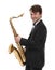 Attractive saxophonist with a saxophone in suit.