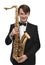 Attractive saxophonist with a saxophone in suit.