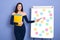 Attractive smiling Caucasian woman in office next to whiteboard with multicolored stickers memos, girl with bare shoulders