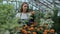 Attractive smiling woman gardener in apron watering plants and flowers with garden sprayer in greenhouse