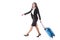 attractive stewardess walking with bag on wheels