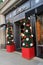 Attractive storefront with Christmas trees covered in presents,Cartier\'s, Newbury Street,Boston,2014