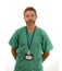 attractive and successful physician man posing confident for hospital staff corporate portrait  in green medical uniform isolated
