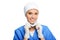 attractive surgeon in medical cap, gloves and mask,