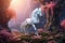 Attractive unicorn walks gloriously in imagined firefly-effect nature forest. Generative AI.