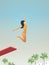Attractive woman in bikini jumping from board jump to swimming pool vector cartoon illustration. Symbol of summer