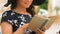 Attractive woman reading interesting novel book cafe, enjoying vacation, closeup