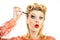 Attractive woman in red dress retro hairdo. Happy girl with mascara. Portrait smile blond woman in pinup style. Retro