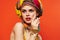 attractive woman red lips turban on head decoration makeup emotions