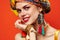 attractive woman red lips turban on head decoration makeup emotions