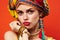 attractive woman red lips turban on head decoration makeup emotions