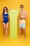 Attractive woman in swimsuit and shirtless man in sunglasses near inflatable mattress