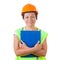 Attractive Woman Worker in Safety Jacket and Yellow Helmet Holdi