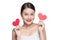 Attractive young asian woman holding red heart. Valentine`s day