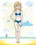 Attractive young blonde woman posing on tropical beach and wearing blue bikini. Vector nice lady illustration. Summertime theme c