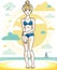 Attractive young blonde woman posing on tropical beach and wearing blue bikini. Vector nice lady illustration. Summertime theme c