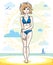 Attractive young blonde woman posing on tropical beach and wearing blue bikini. Vector nice lady illustration. Summertime theme c