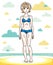 Attractive young blonde woman standing on tropical beach and wearing blue bathing suit. Vector human illustration. Summer