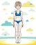 Attractive young blonde woman standing on tropical beach and wearing blue bathing suit. Vector human illustration. Summer